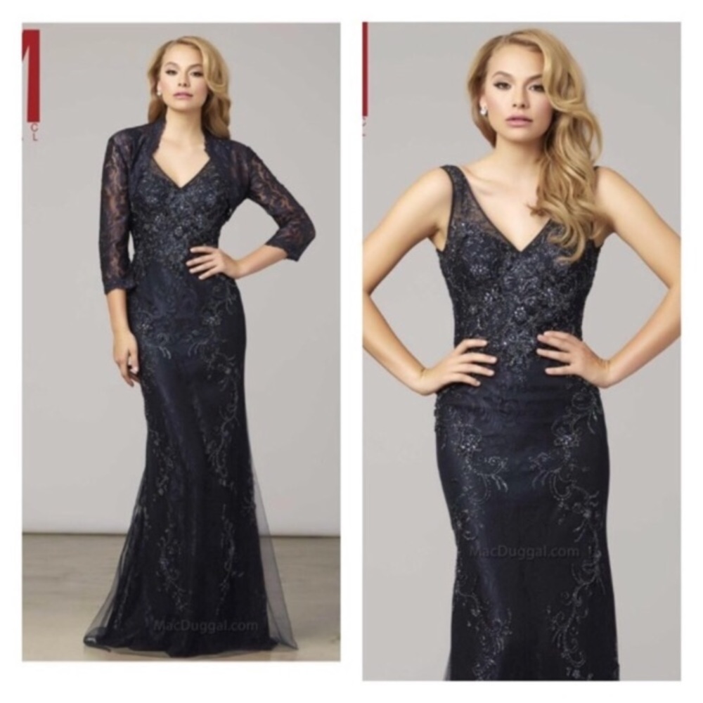 Mac Duggal Blue Beaded Lace Dress + Jacket